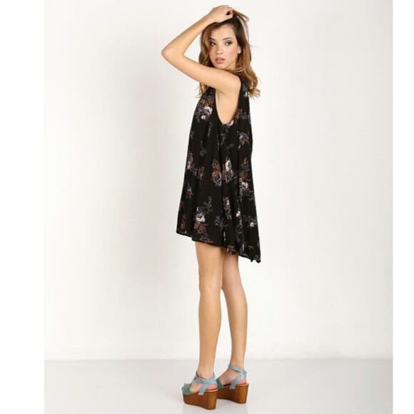 Free People Floral Mini Dress Black V Neck Sleeveless Swing Flowy Babydoll S - Picture 6 of 16